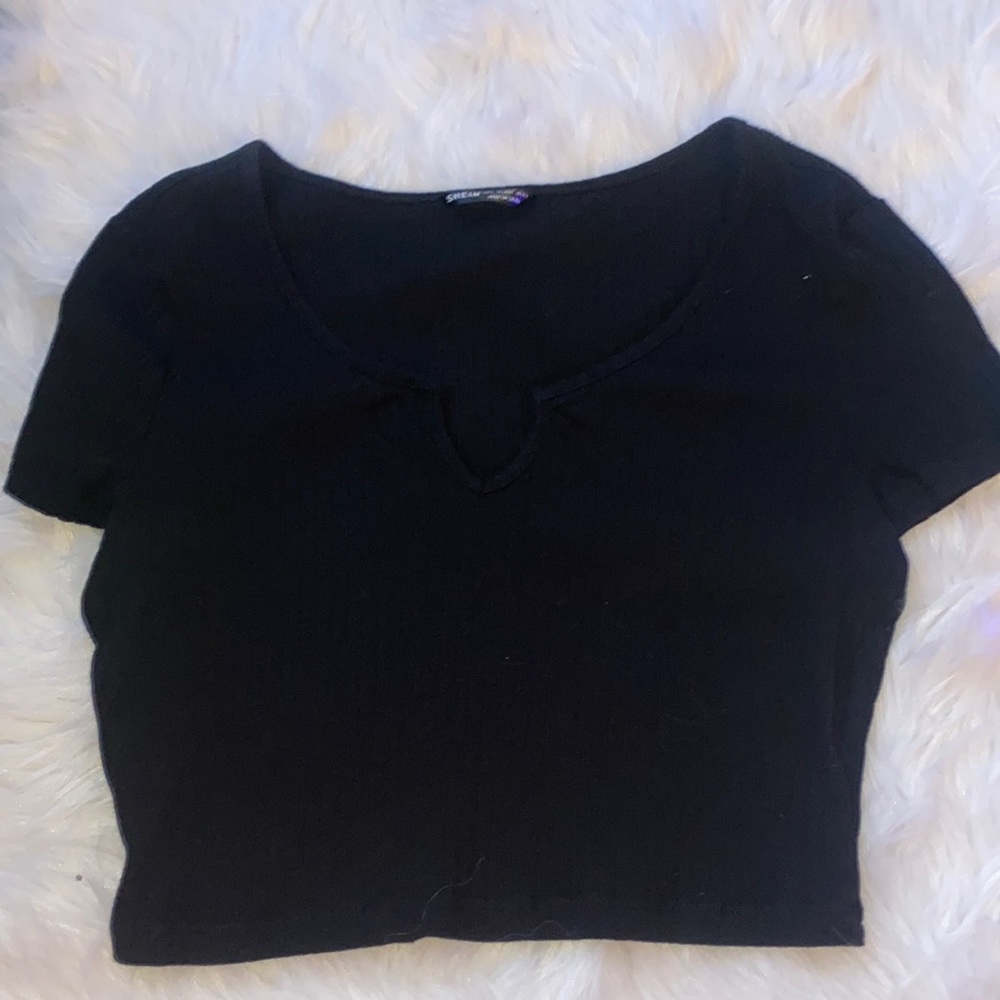 black notched neckline rib knit slim tee size medium